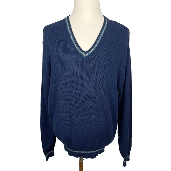 VTG NWT ISLE OF COTTON | Blue V-Neck Knit Cotton Sweater Made in USA | Men's - Picture 1 of 10